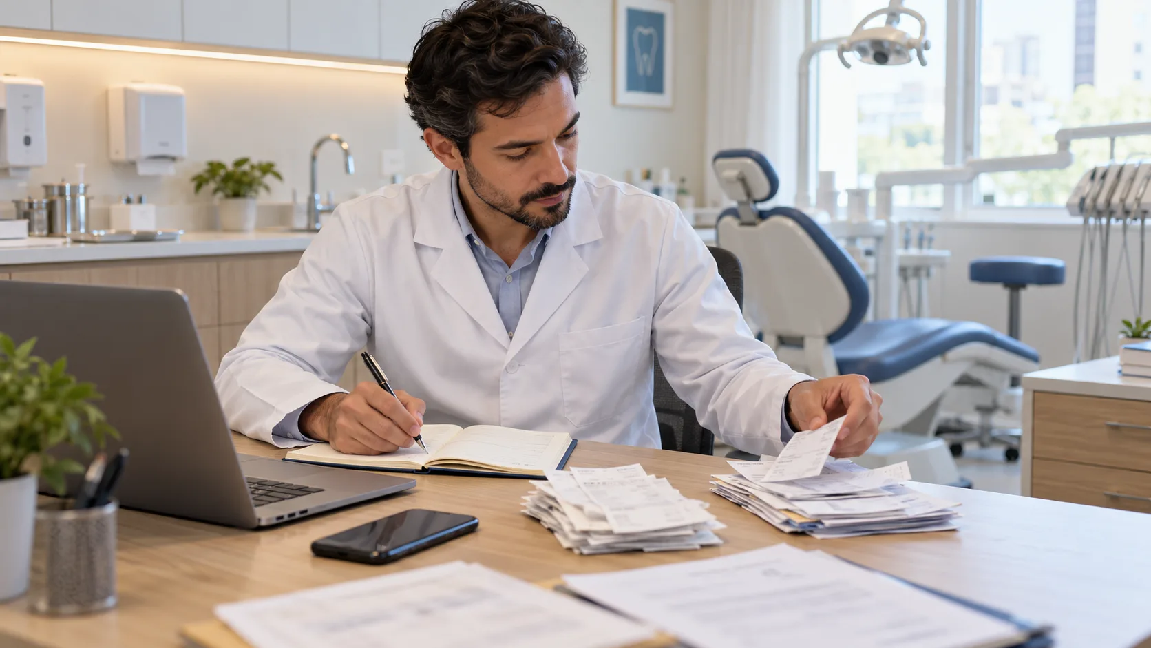 Dentista confere recibos e anota despesas do consultório num caderno, com o notebook aberto na mesa lateral.