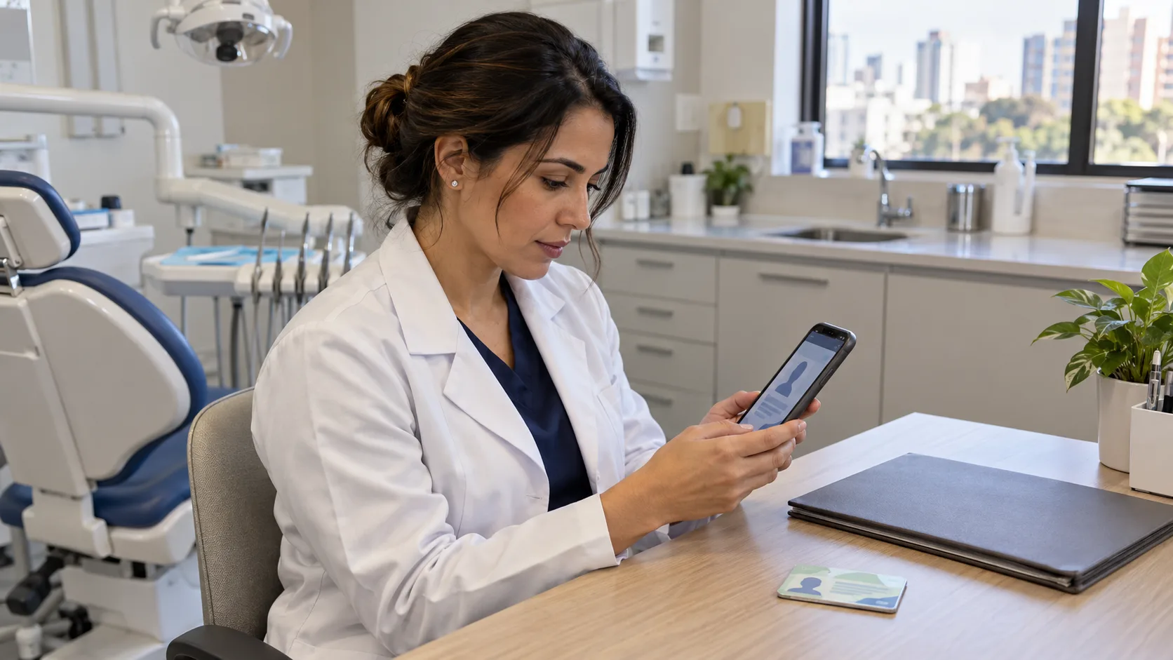Dentista de jaleco olha a carteira profissional digital no celular, numa mesa de consultório.
