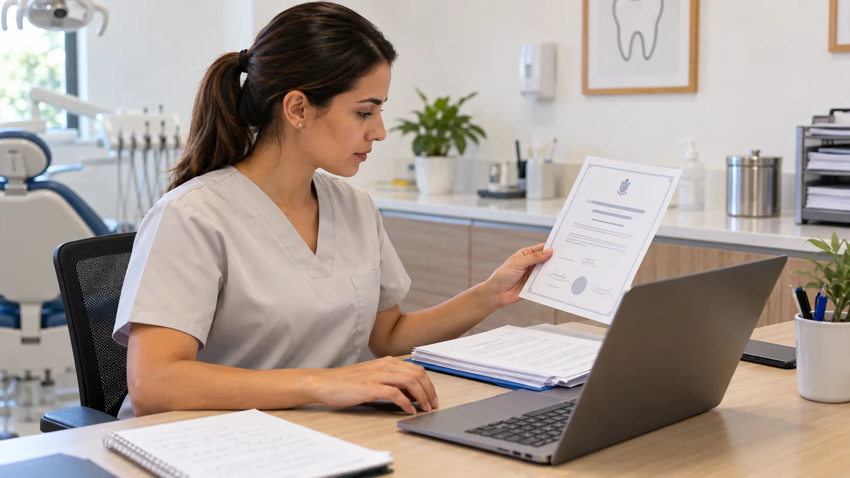 Profissional da odontologia confere um documento impresso e uma pasta de candidatura diante do computador na clínica.