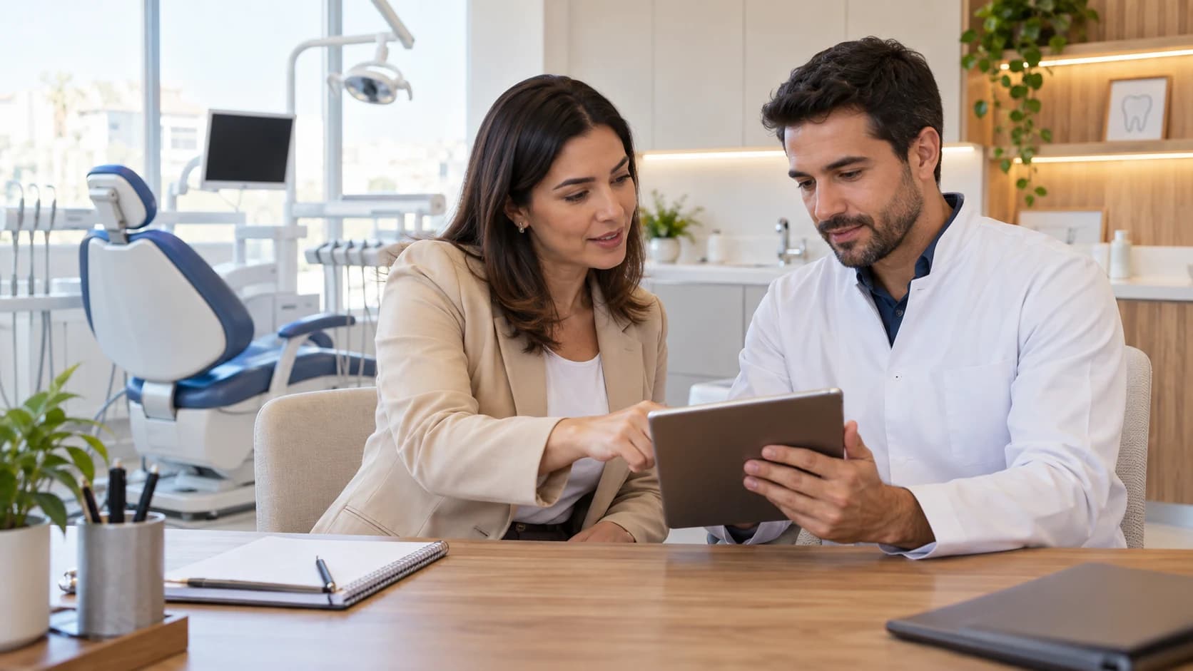 Gestora de clínica e dentista analisam uma simulação de remuneração no computador.
