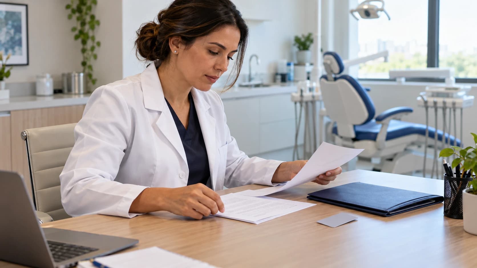 Dentista sentada à mesa de um consultório claro organiza papéis e uma pasta, com a cadeira odontológica ao fundo.