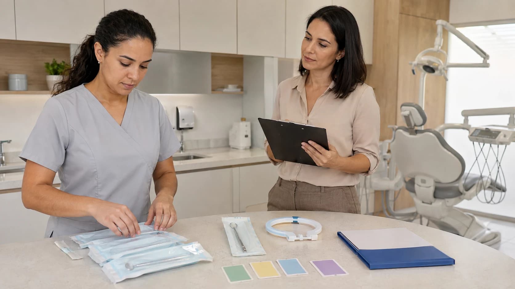 Candidata organiza materiais embalados durante uma simulação observada pela gestora da clínica.