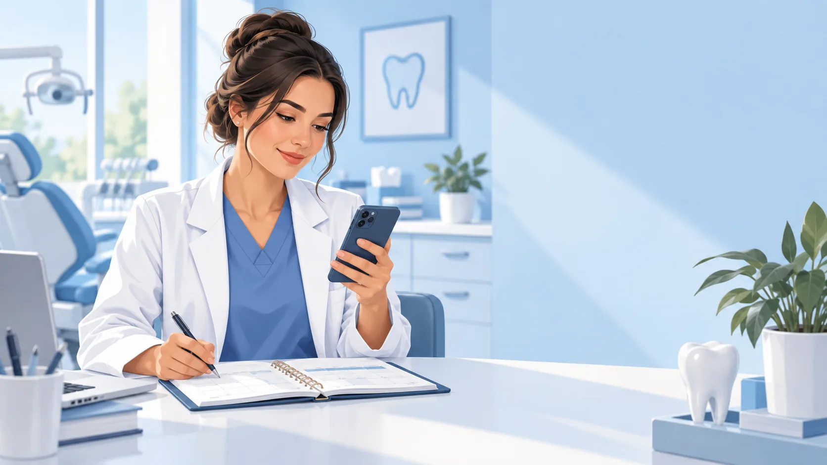 Profissional da odontologia consulta a agenda e uma mensagem no celular após participar de uma entrevista de emprego.