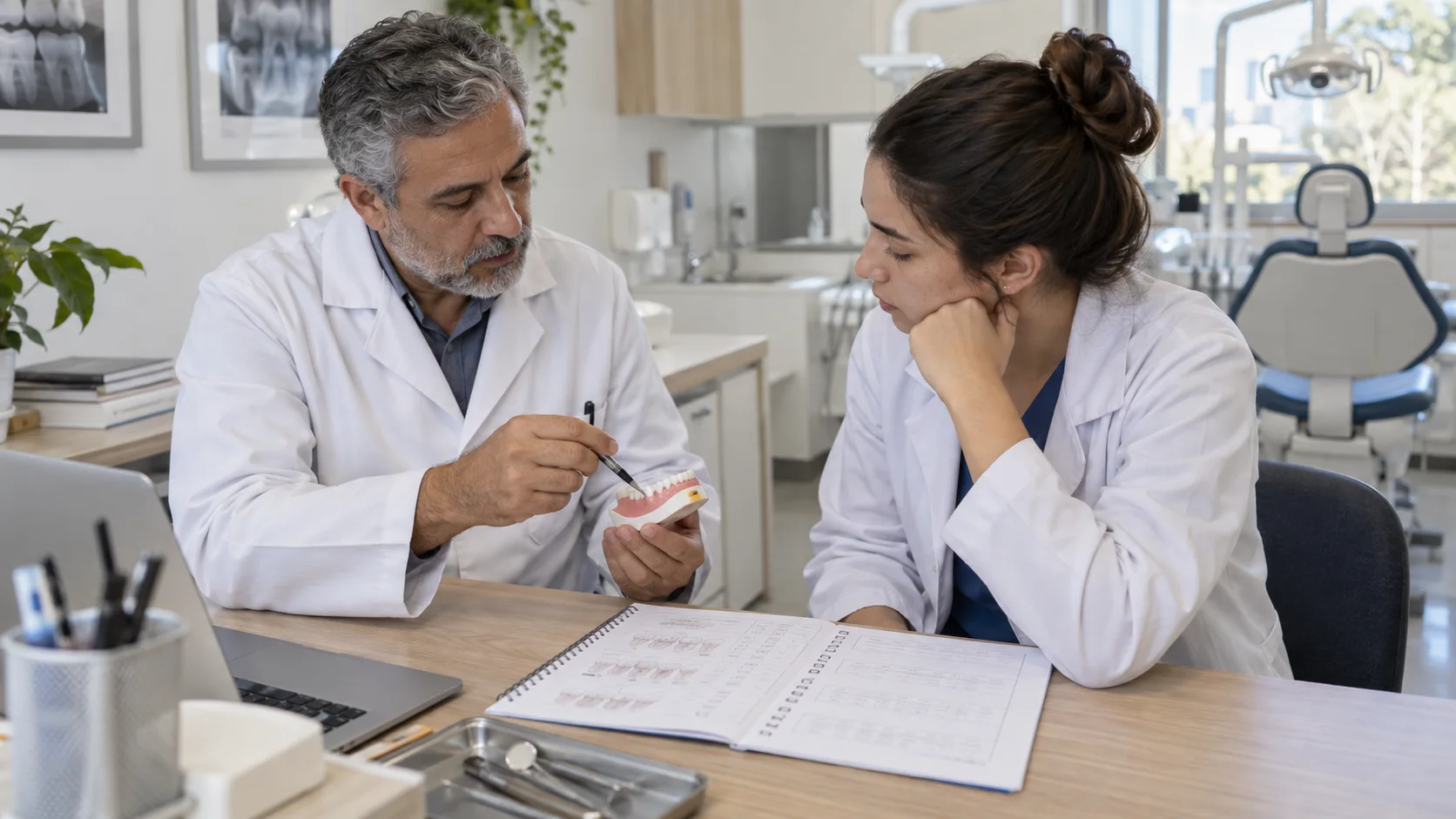 Dentista experiente orienta uma profissional diante de um modelo dentário em sala de clínica