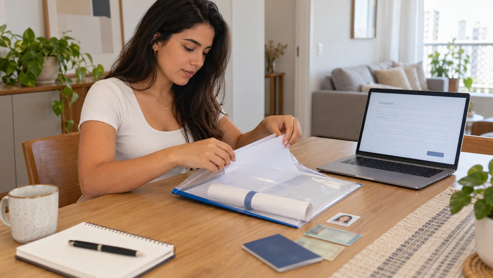 Jovem recém-formada, sentada à mesa da sala, organiza documentos pessoais, uma foto 3x4 e um diploma enrolado numa pasta ao lado do notebook aberto.