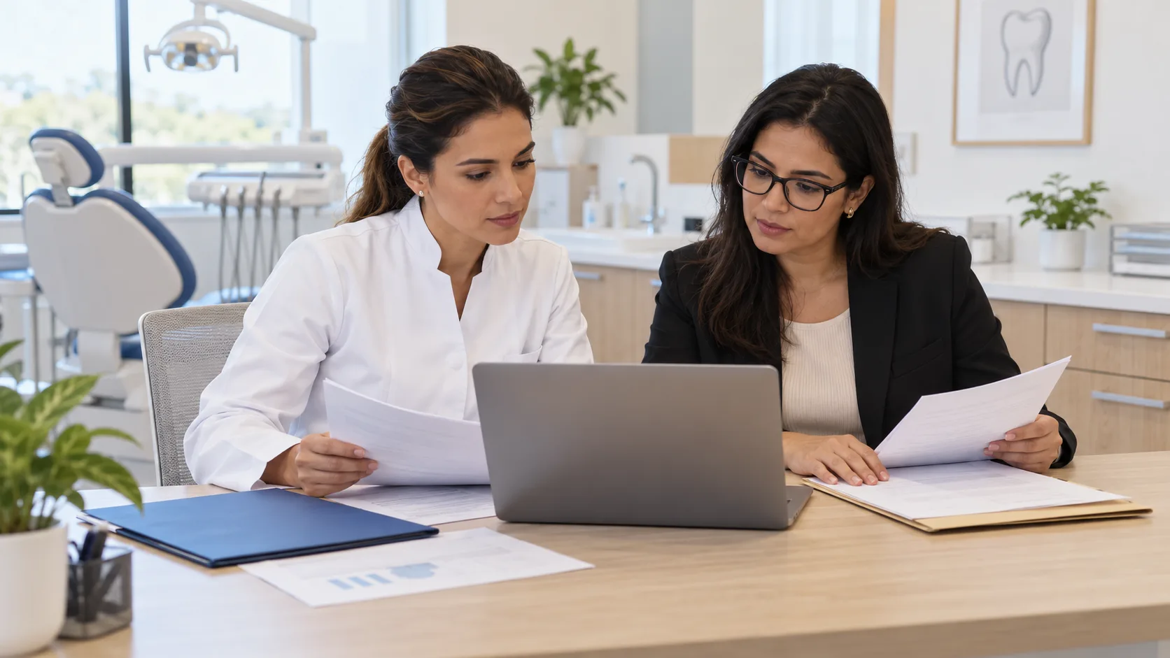 Dentista e contador conversam à mesa de uma clínica, com papéis e um notebook à frente.