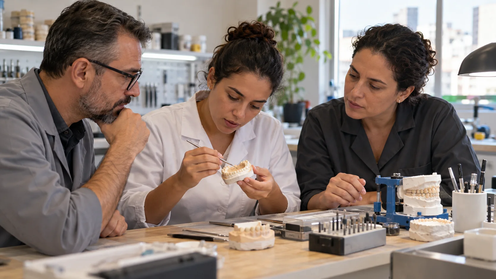 Três profissionais avaliam um modelo de prótese dentária sobre a bancada de um laboratório.