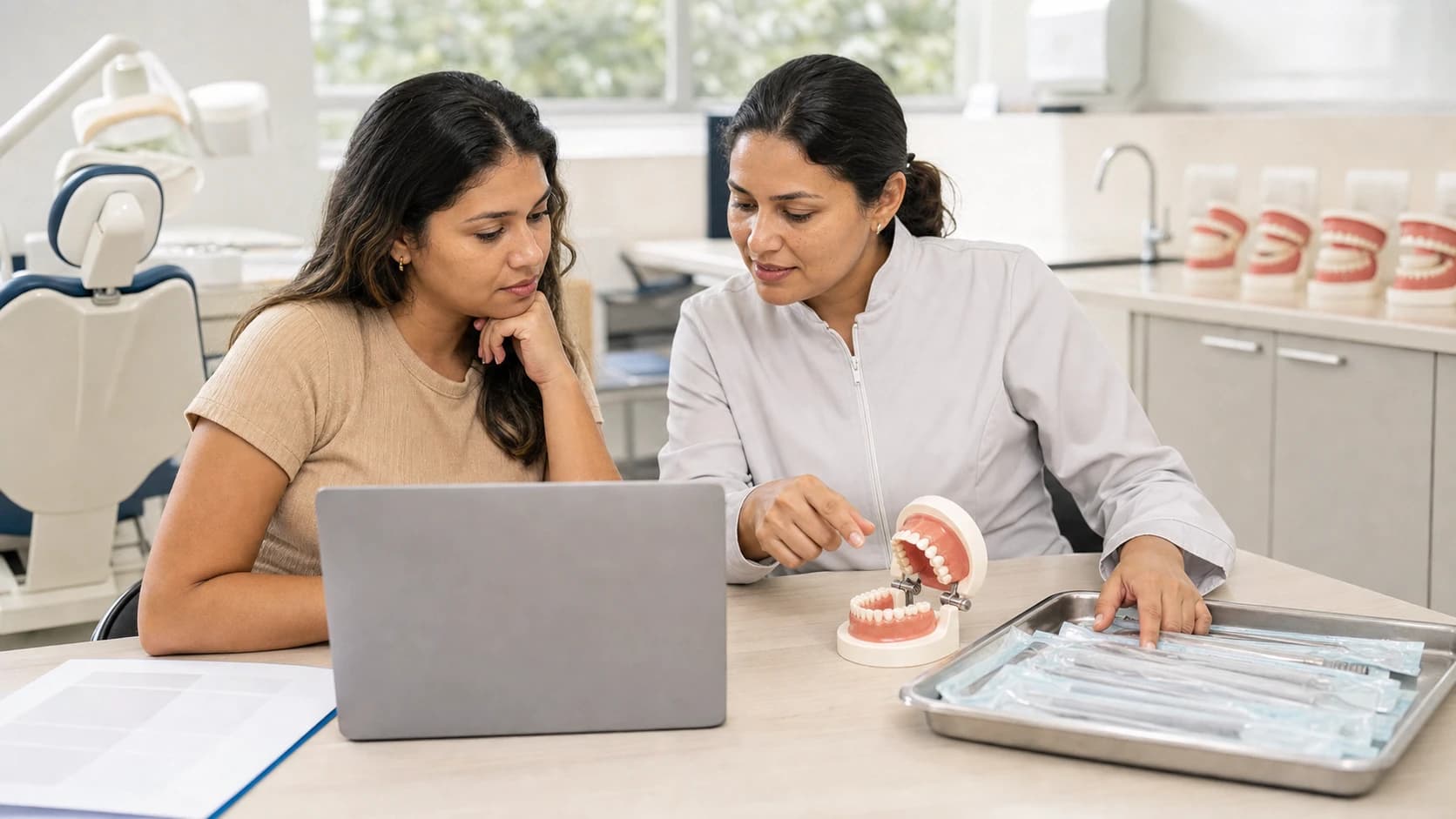 Candidata e instrutora analisam uma formação ao lado de modelo odontológico e materiais de prática.