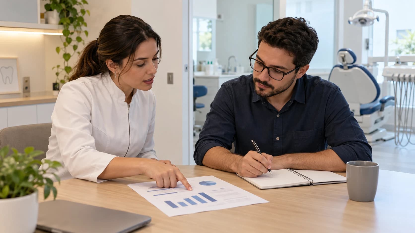 Duas pessoas analisam um gráfico impresso e anotam um plano de contratação em uma clínica odontológica.