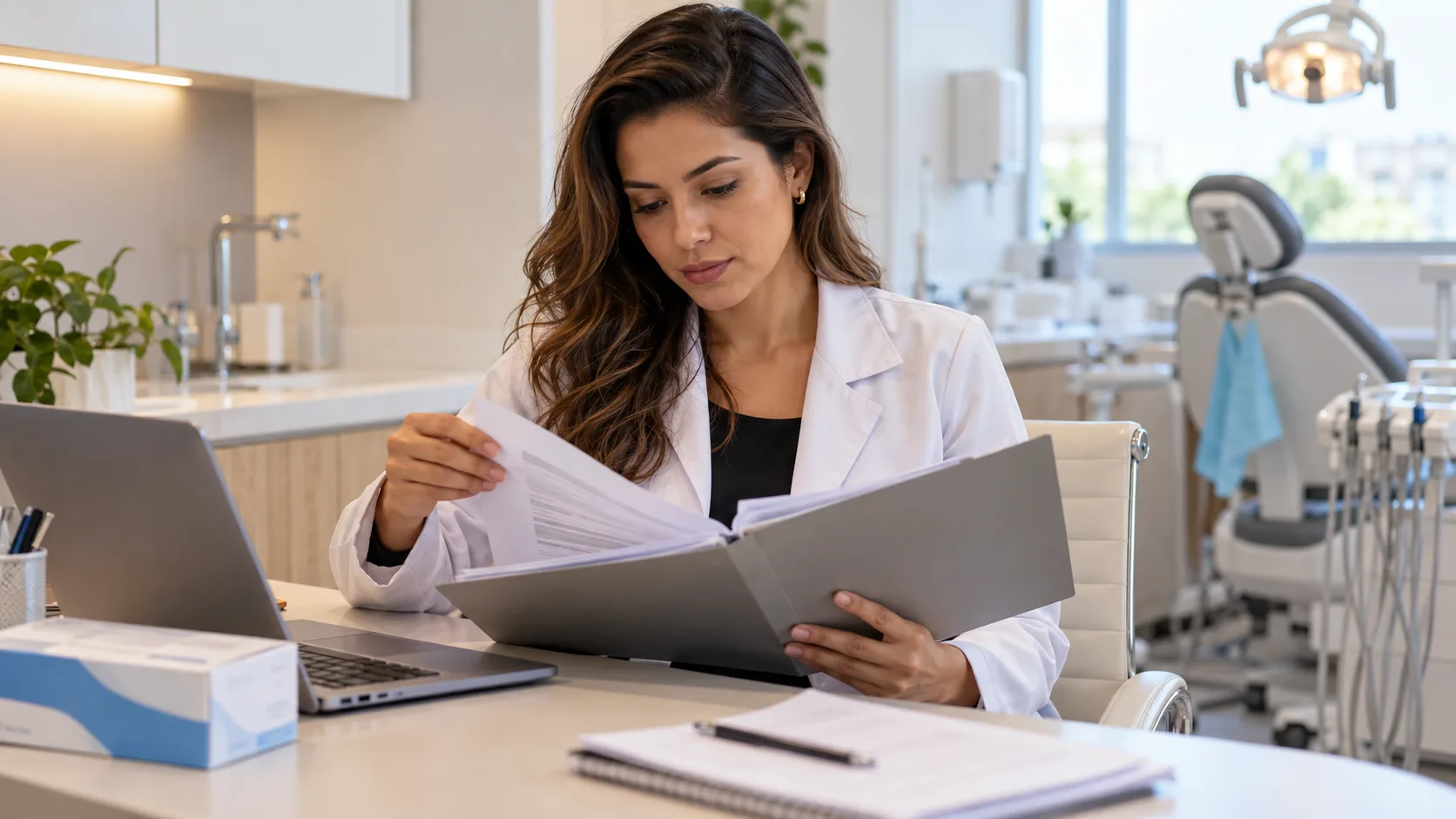 Dentista de jaleco, sentada à mesa de um consultório claro, lê documentos impressos numa pasta ao lado do notebook, com uma cadeira odontológica ao fundo.