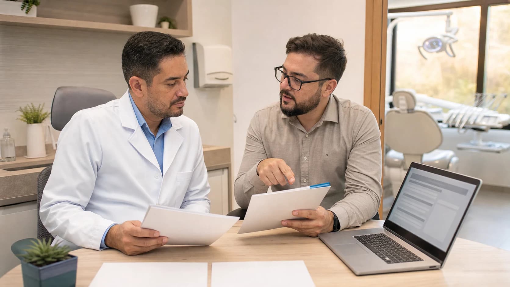 Dentista revisa documentos de formalização com um orientador em uma clínica odontológica.