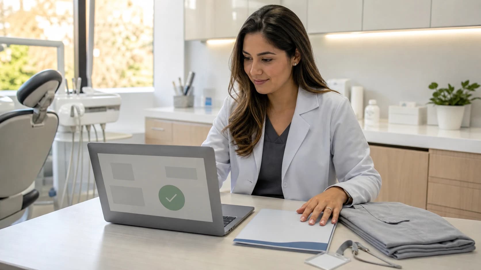 Dentista recém-formada confere a liberação do registro profissional antes do primeiro dia de trabalho.