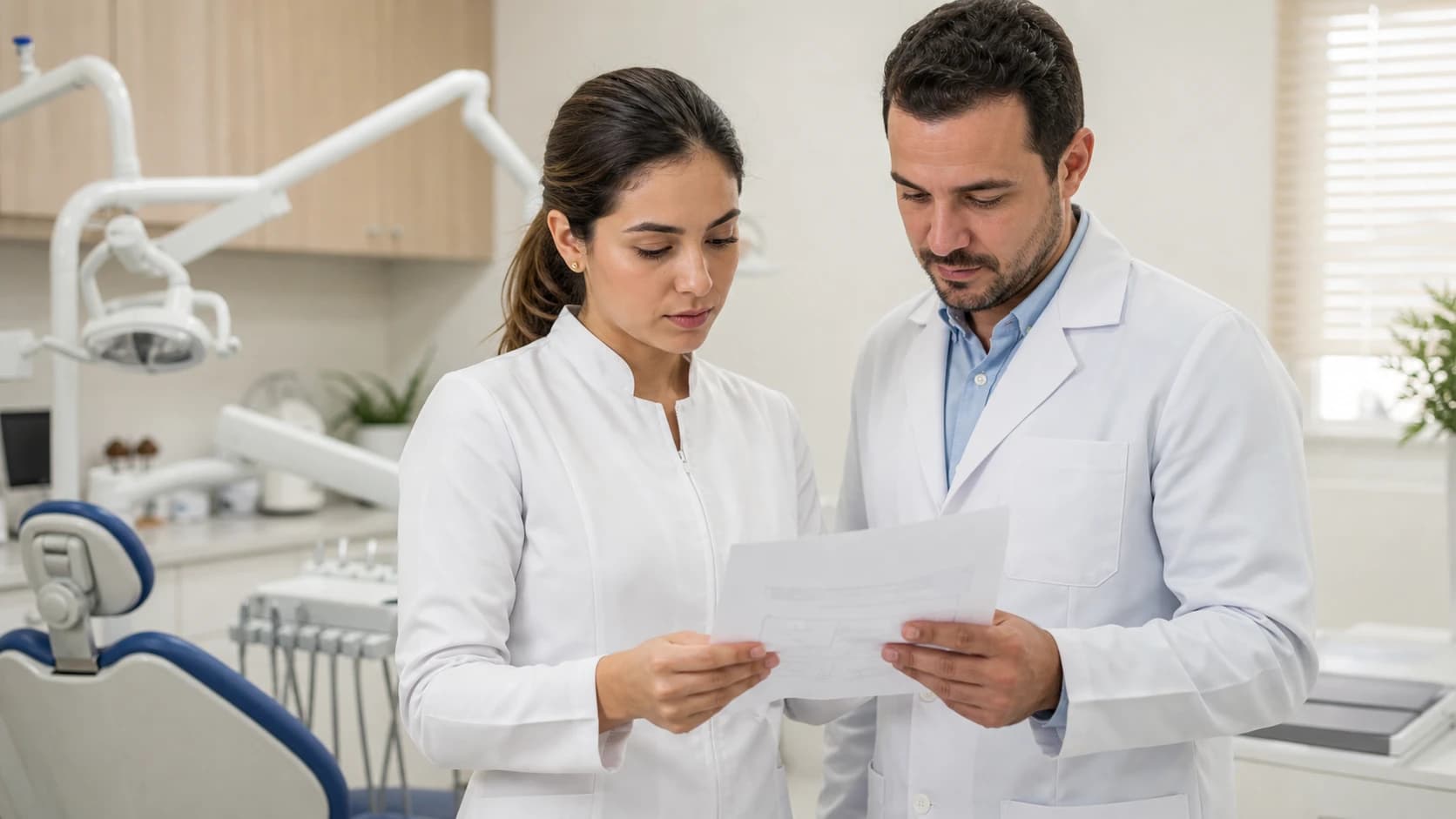 Dentista recém-formada analisa um plano de atendimento com um colega experiente em uma clínica odontológica.