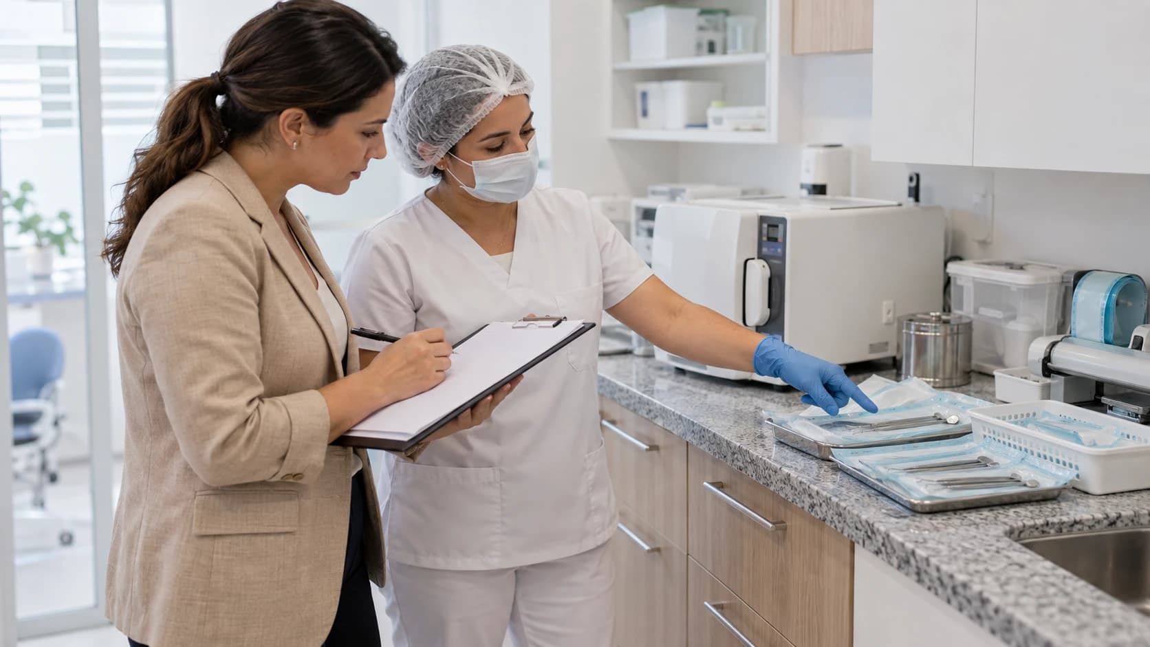 Profissional da vigilância sanitária e trabalhadora de clínica conferem materiais embalados na área de esterilização.