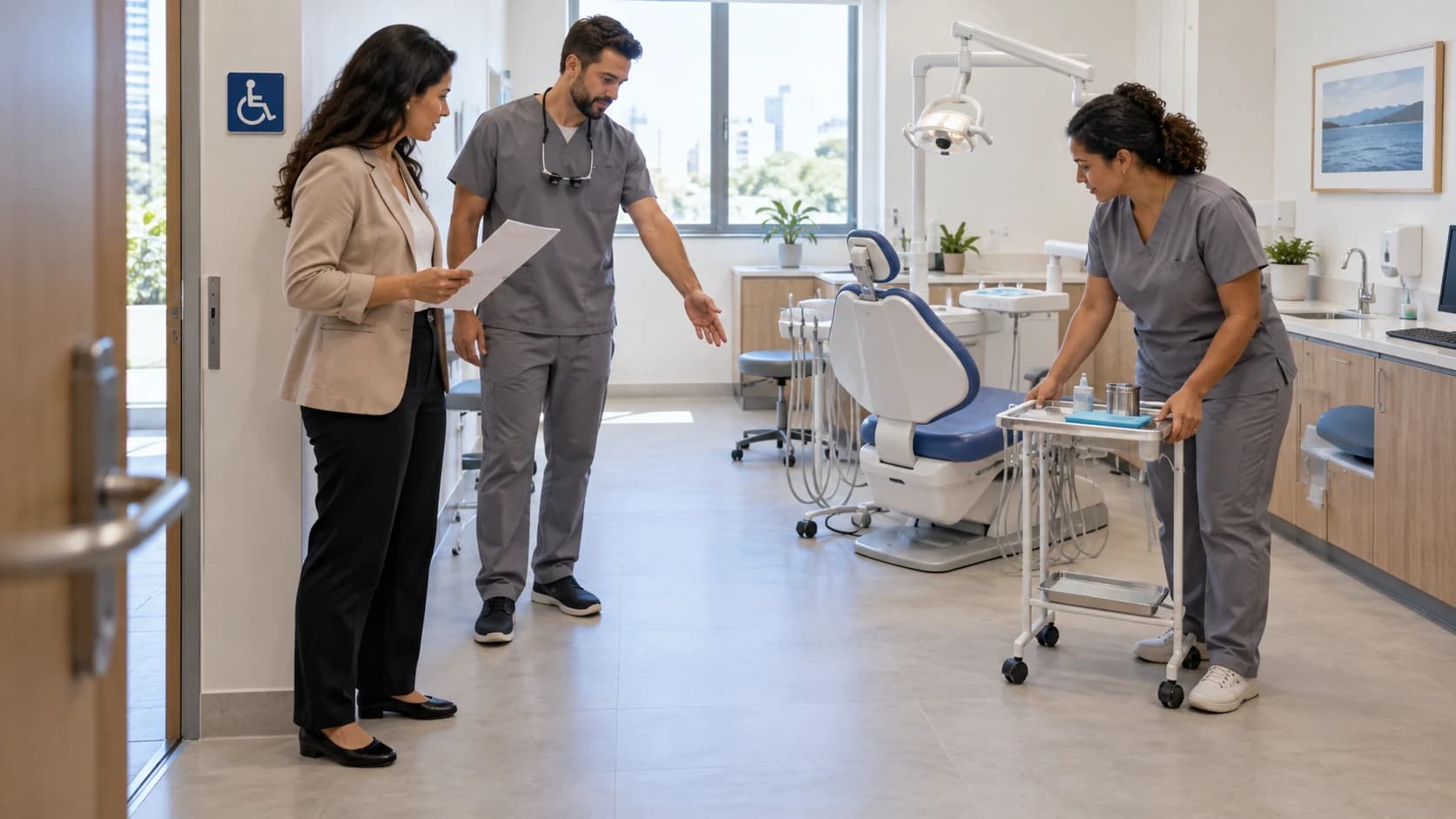 Gestora, dentista e auxiliar organizam a circulação e a sala de atendimento de uma clínica odontológica.