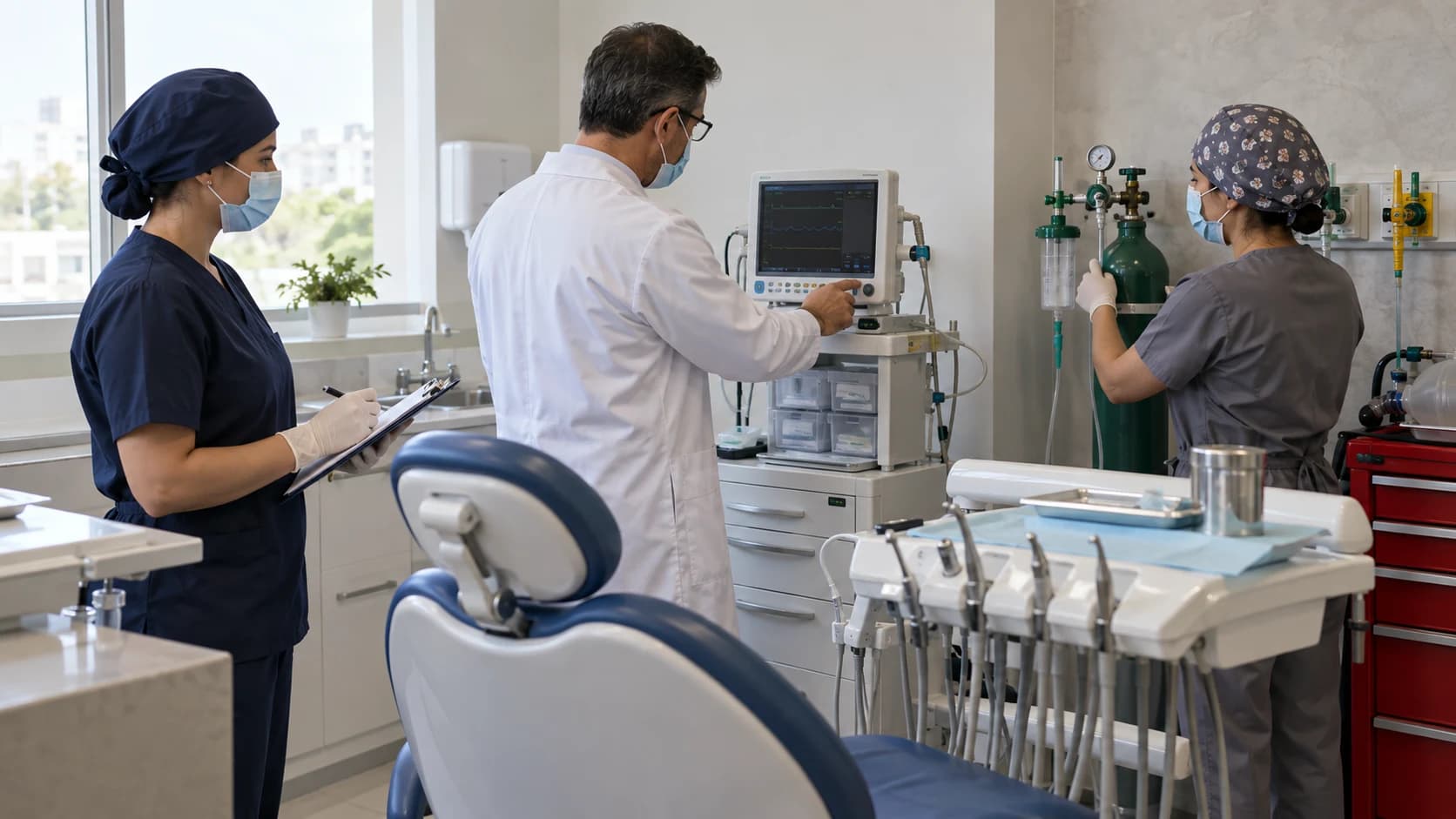Responsável técnico e equipe conferem monitor, oxigênio e checklist em uma sala odontológica sem paciente