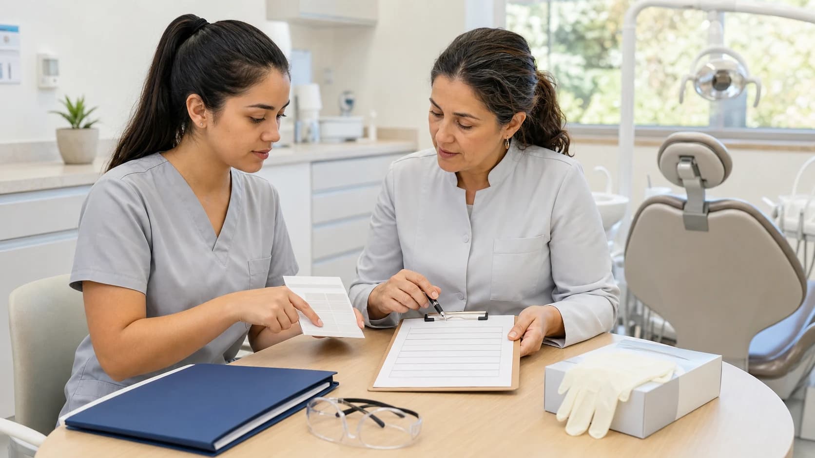 Estudante e professora analisam um plano de estágio em uma clínica-escola de Odontologia.