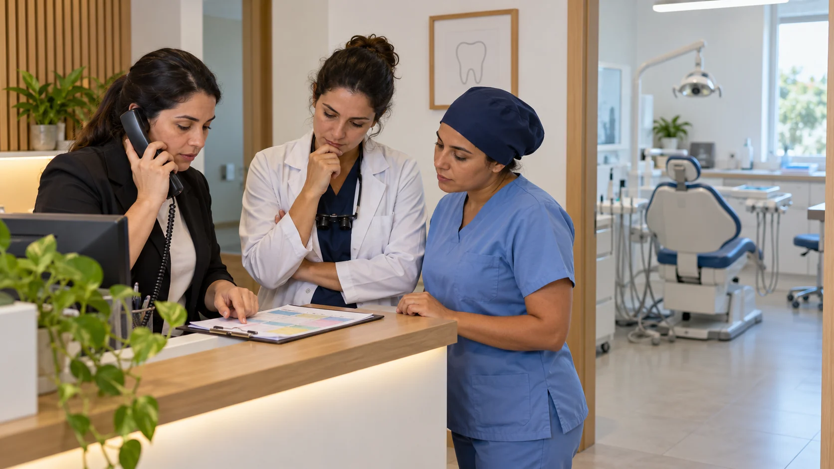 Recepcionista ao telefone confere a agenda com dentista e auxiliar diante de uma sala odontológica preparada.