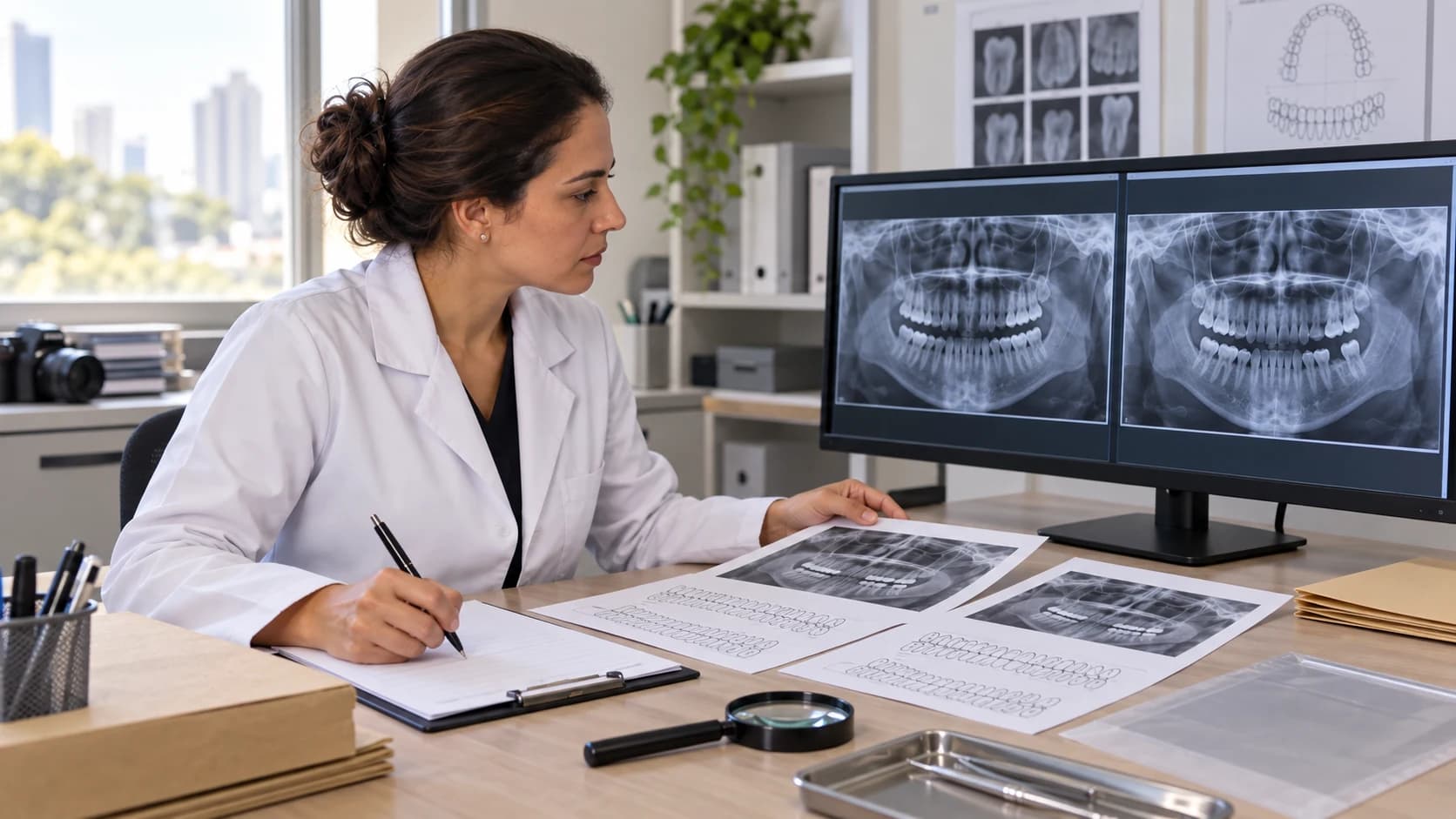Odontolegista compara radiografias odontológicas anonimizadas em um monitor e registra a análise.