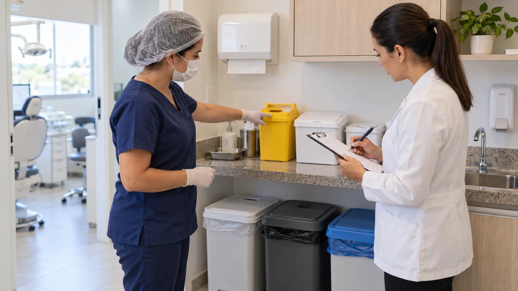 Duas profissionais verificam recipientes de resíduos e anotam observações em uma clínica odontológica.