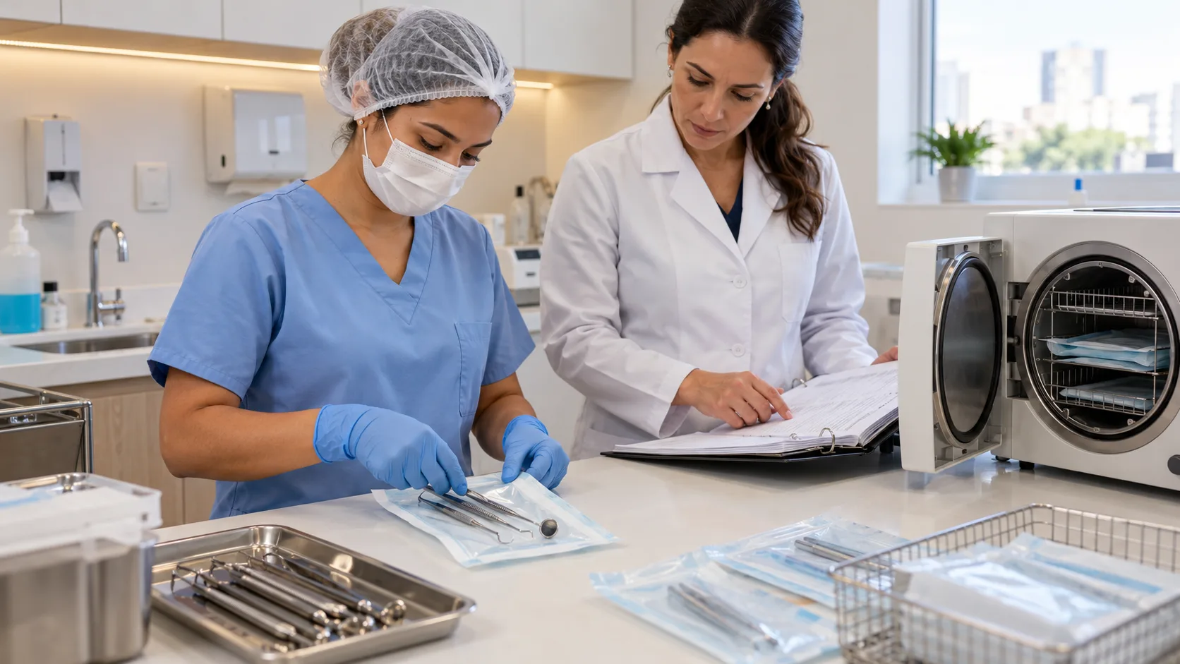 Auxiliar de saúde bucal embala instrumentais na área limpa da bancada de esterilização, ao lado de uma autoclave de mesa, enquanto a dentista confere uma pasta de procedimentos aberta.