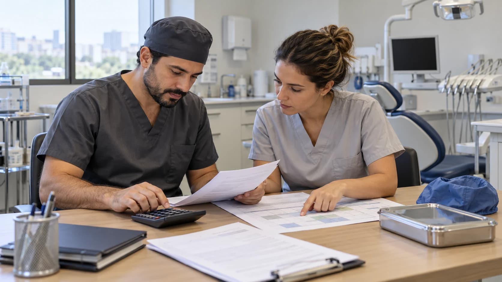 Dois profissionais de odontologia comparam documentos e usam uma calculadora numa sala de trabalho clínica.