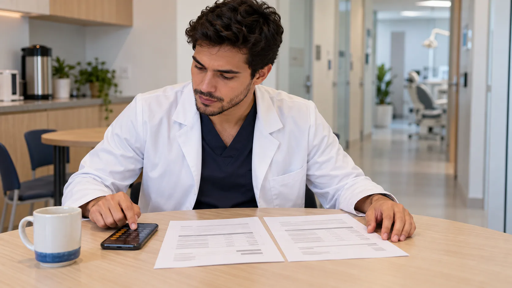 Jovem dentista de jaleco, sentado à mesa de uma sala de descanso de clínica, compara duas folhas de proposta de trabalho e faz contas no celular