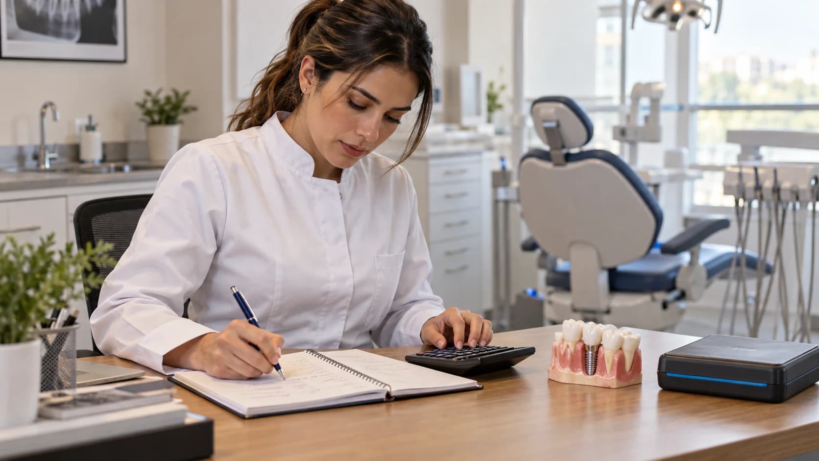 Dentista de jaleco, sentada à mesa de um consultório claro, faz contas num caderno com uma calculadora, ao lado de um modelo de arcada com um implante