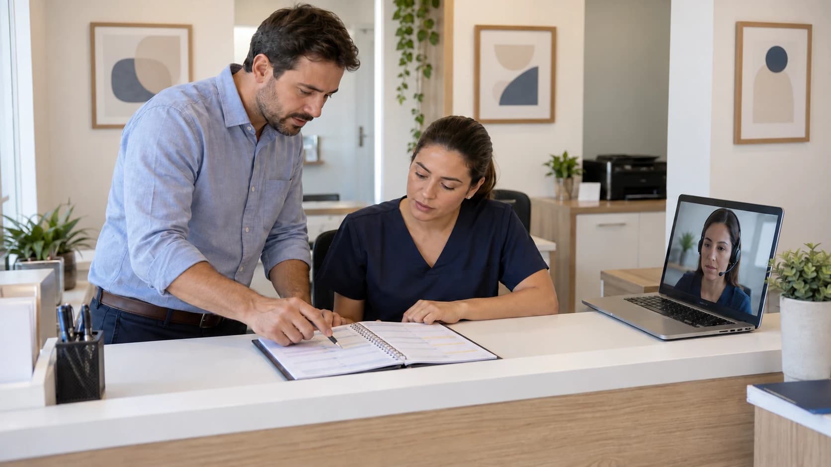 Gestora e recepcionista da clínica conferem uma agenda enquanto uma atendente remota aparece na tela do computador.