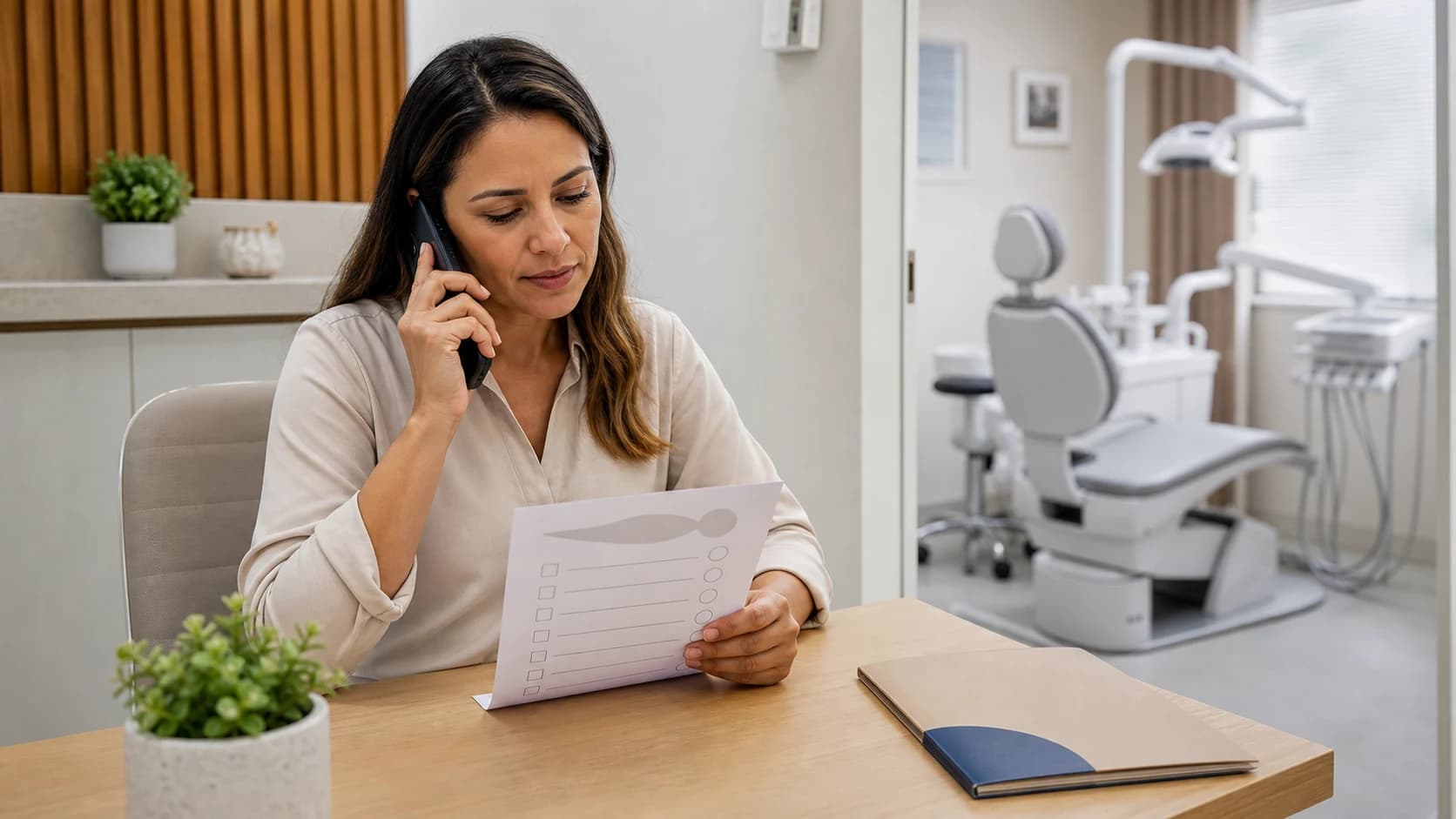 Gestora de clínica conversa ao telefone enquanto consulta uma ficha de avaliação sem dados identificáveis.