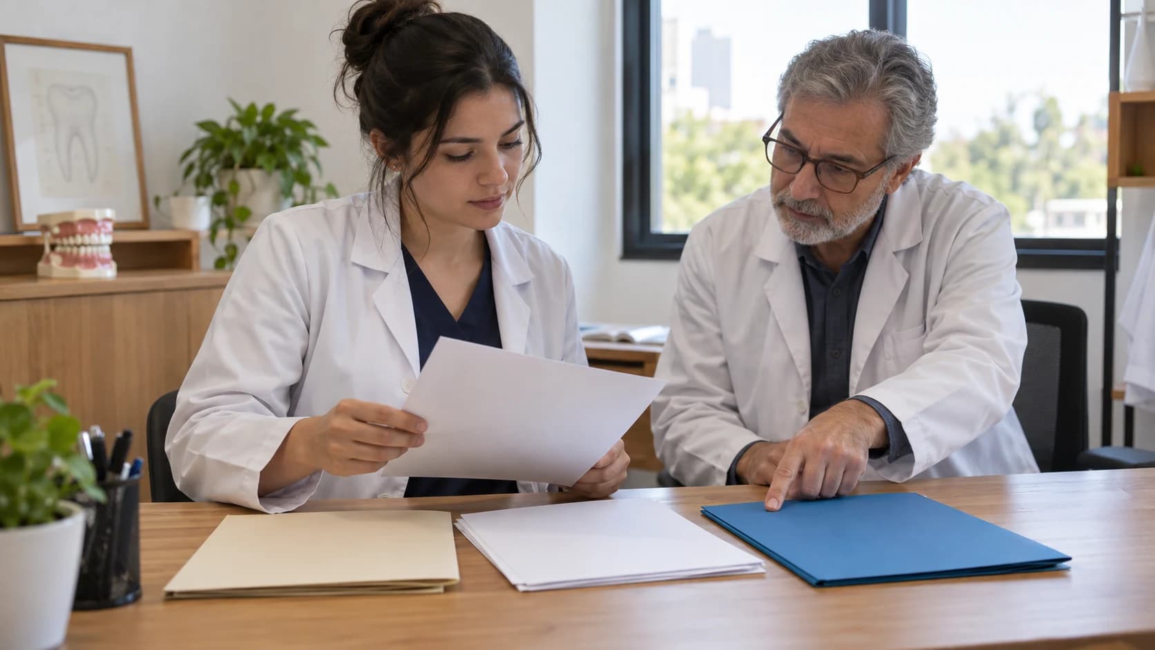 Dentista organiza certificado, histórico e relatório da residência em uma mesa de estudo