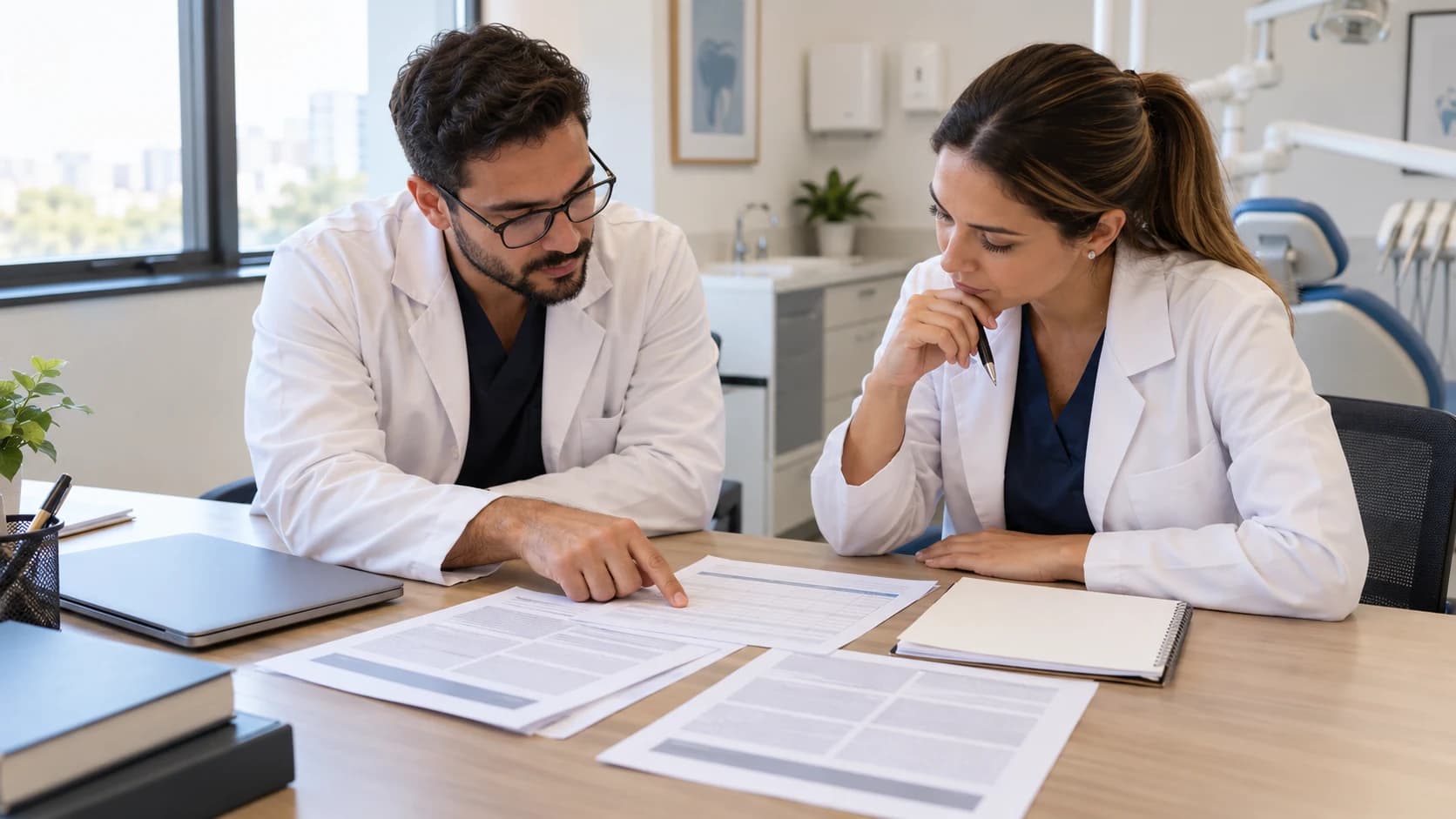 Dois dentistas comparam documentos impressos em uma mesa de reunião de consultório.