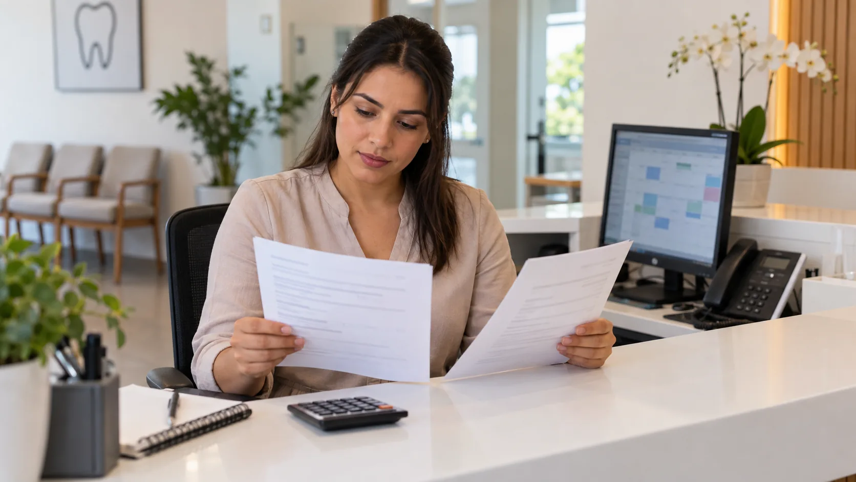Recepcionista compara documentos de propostas de trabalho com uma calculadora na recepção de uma clínica.