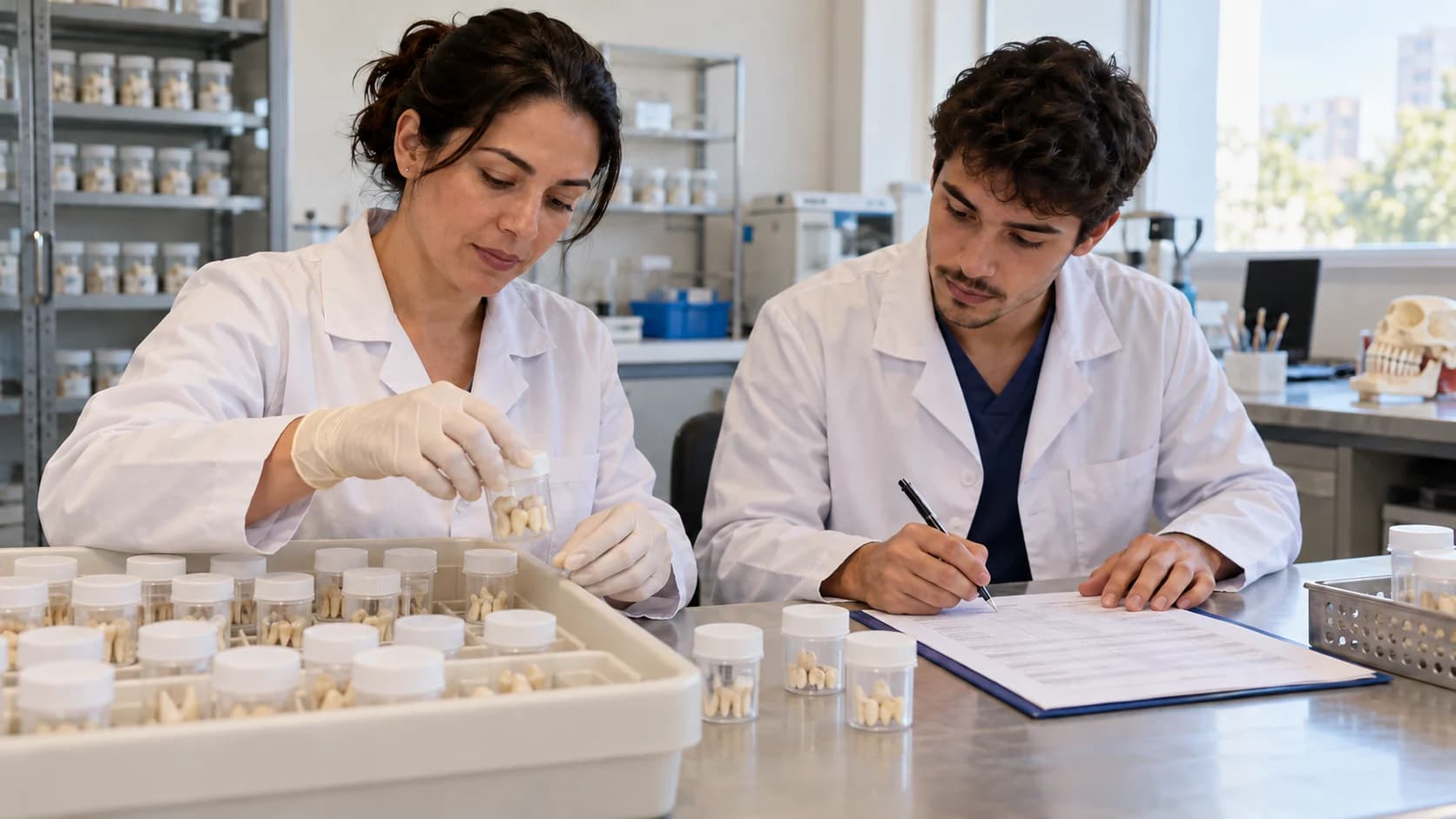 Profissional organiza recipientes com dentes doados enquanto estudante confere uma ficha em laboratório universitário