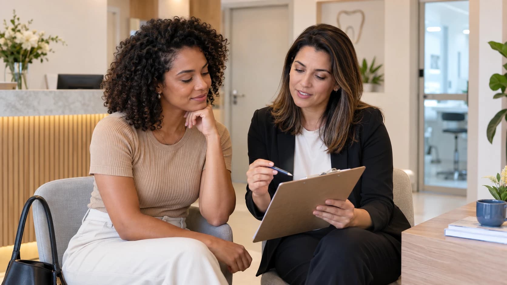 Candidata e gestora conversam sobre funções não clínicas na recepção de uma clínica odontológica.