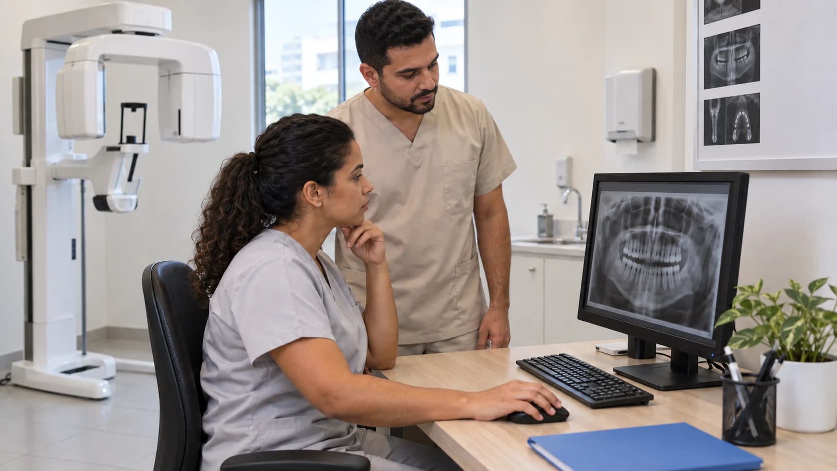 Dentista e colega analisam uma imagem de arcada dentária em uma estação de trabalho, com aparelho panorâmico ao fundo
