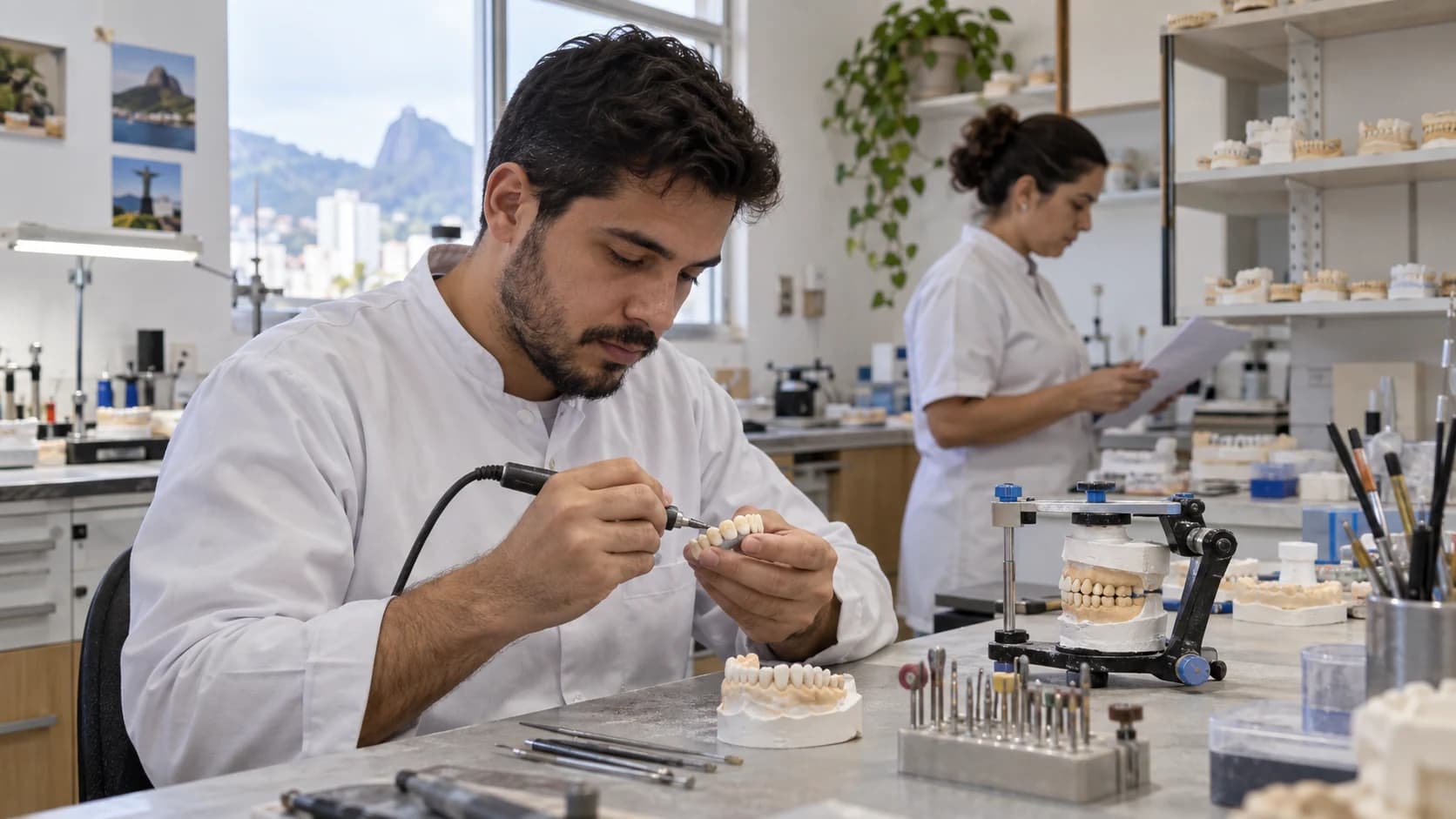 Profissional ajusta uma pequena prótese com ferramenta manual em uma bancada com modelos de gesso e um articulador