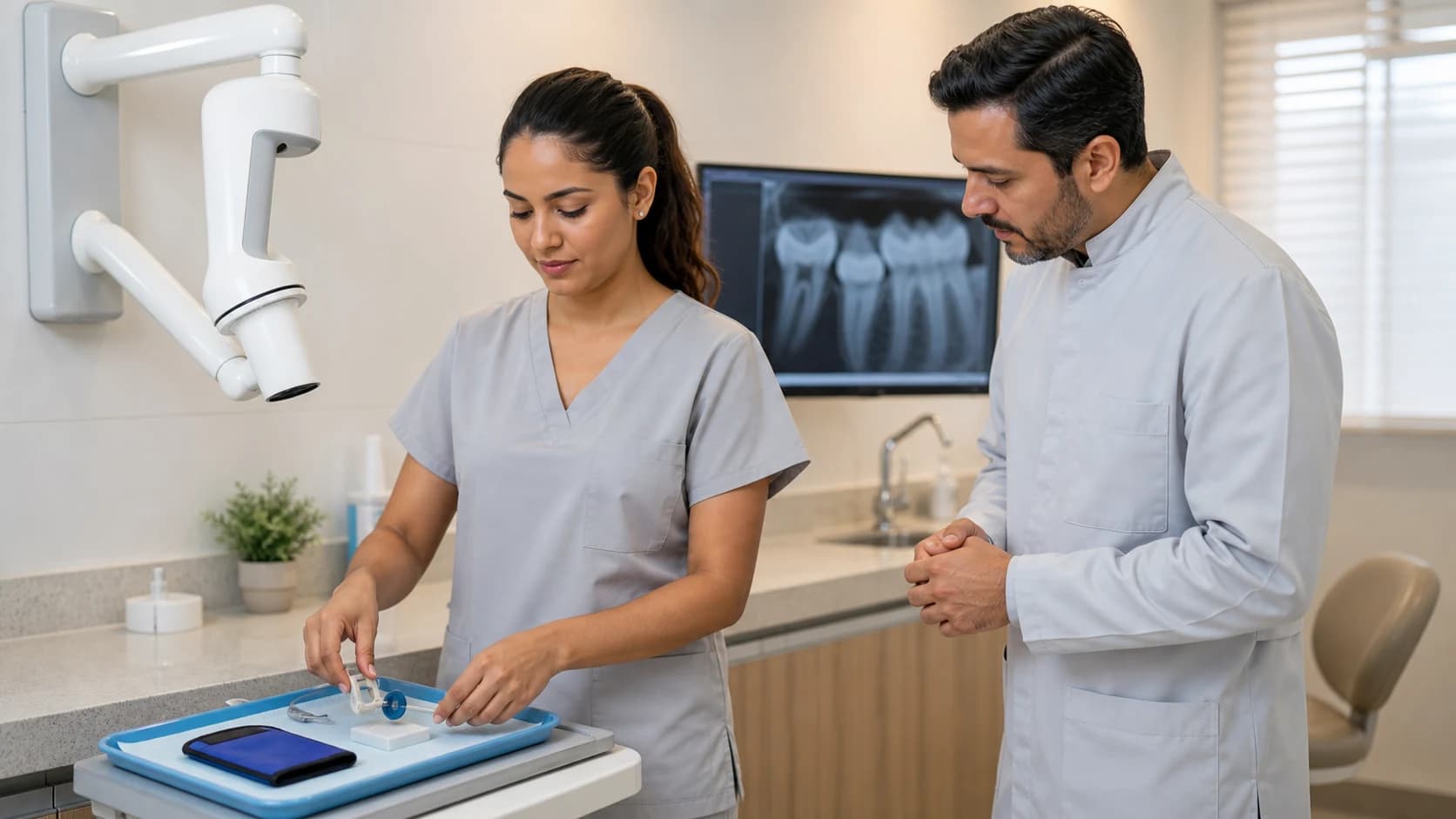 Técnica em Saúde Bucal prepara um sensor radiográfico enquanto um dentista acompanha a organização do exame.