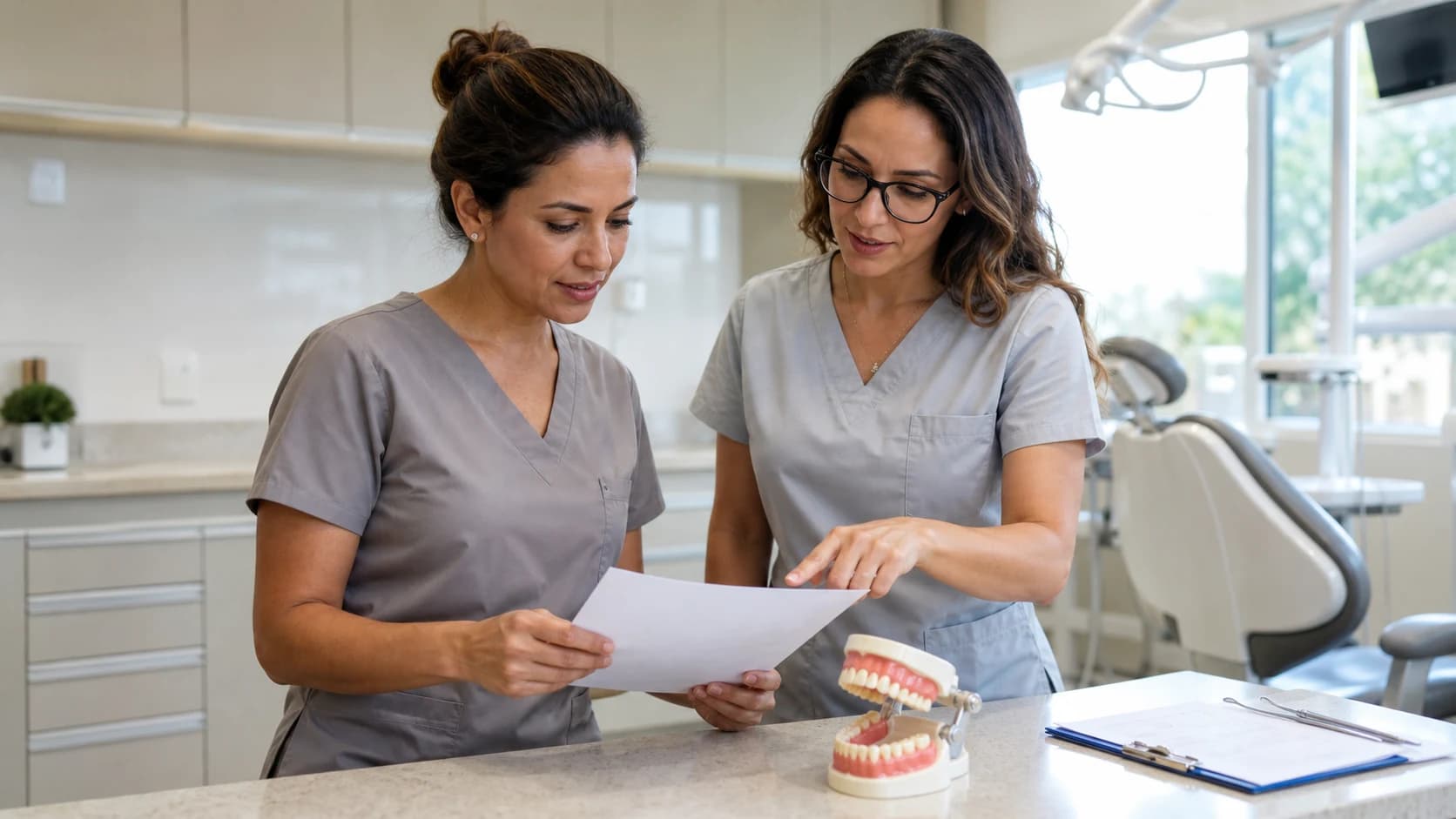 Duas dentistas revisam uma lista de trabalho ao lado de um modelo odontológico em consultório.