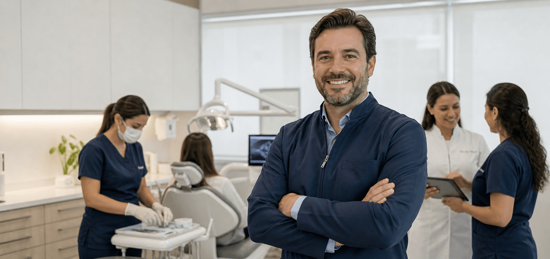 Clínica odontológica funcionando com equipe completa
