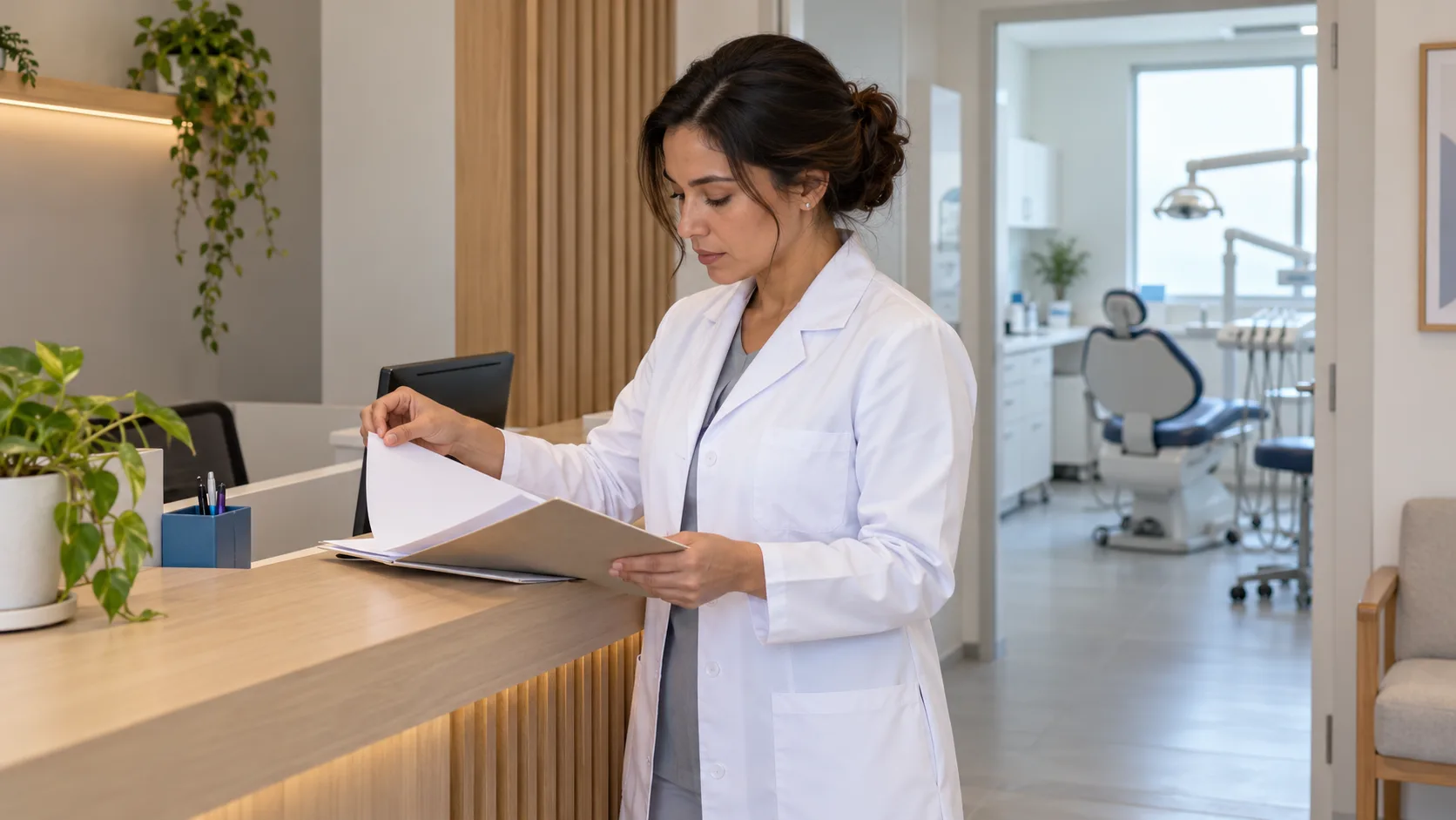 Dentista de jaleco e uma pasta de documentos sobre a mesa da recepção de um consultório odontológico claro, com a sala de atendimento ao fundo.
