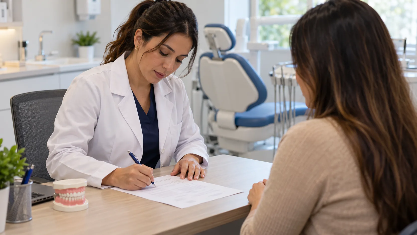 Dentista de jaleco escreve um documento à mesa do consultório, com a paciente sentada à frente, em um consultório odontológico claro.