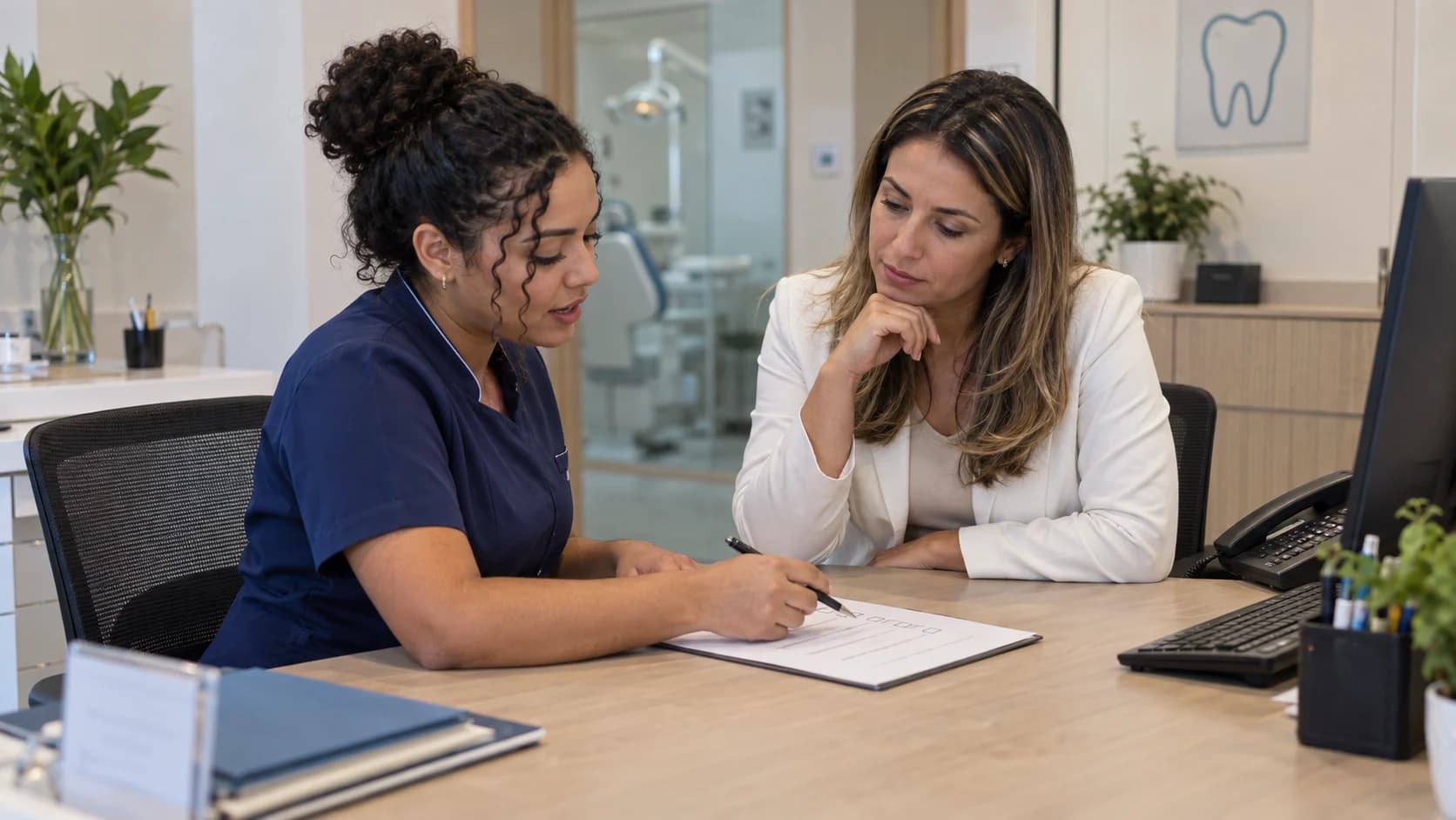 Gestora de clínica conversa com uma nova funcionária enquanto confere anotações de acompanhamento