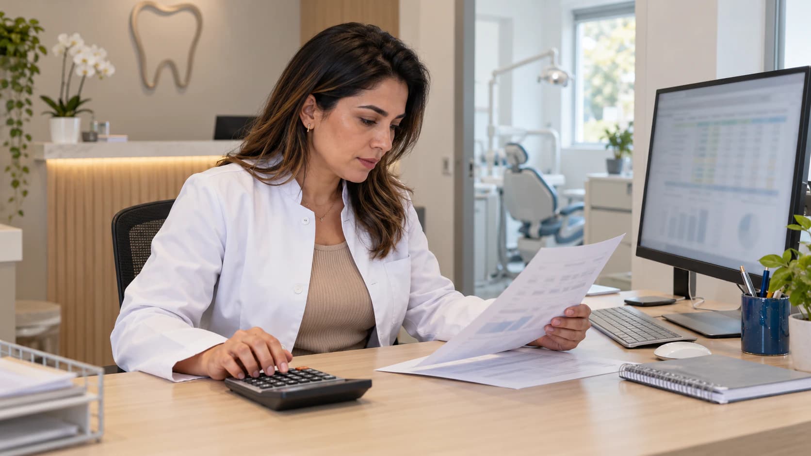 Dona de clínica odontológica confere a planilha de faturamento e folha de pagamento no computador da recepção.