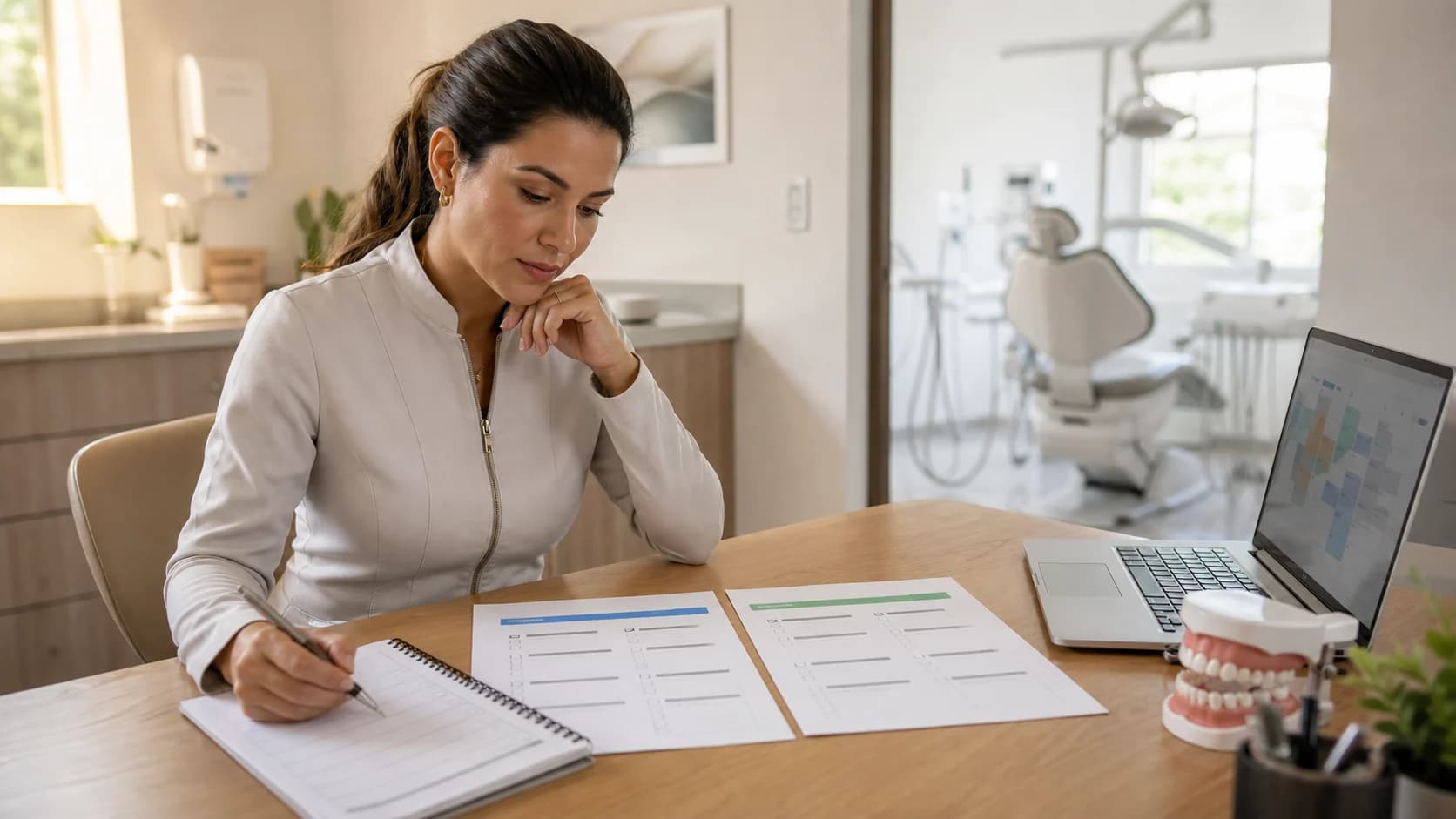 Profissional compara informações de duas oportunidades em uma clínica odontológica.