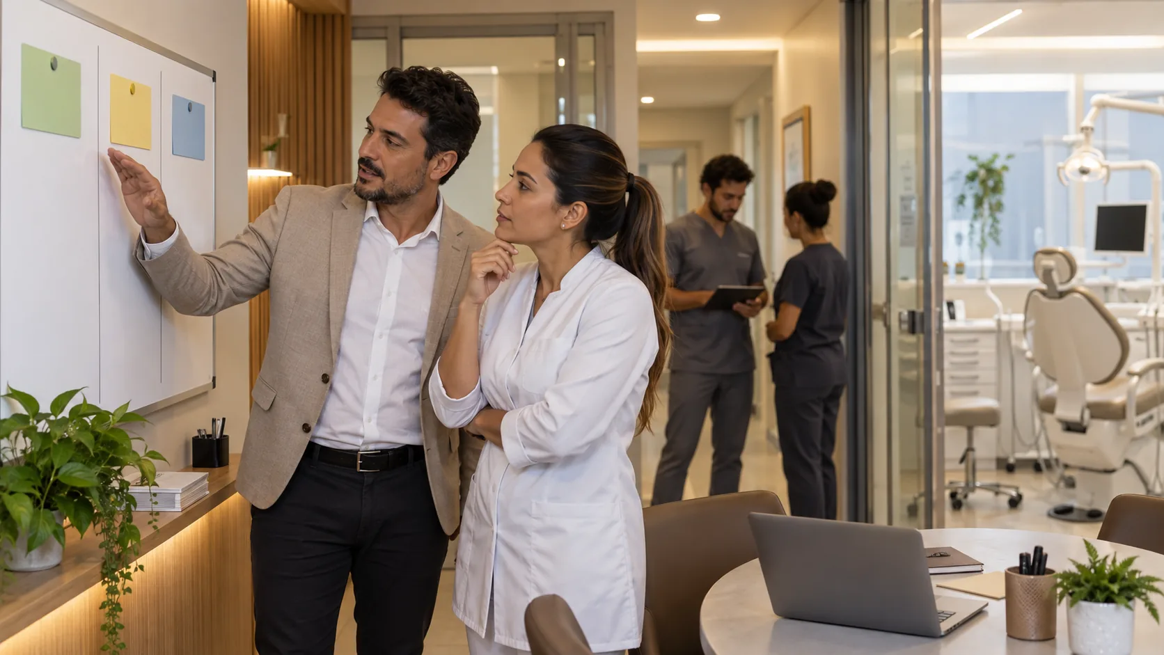 Gestor e dentista organizam a coordenação de uma equipe clínica odontológica.