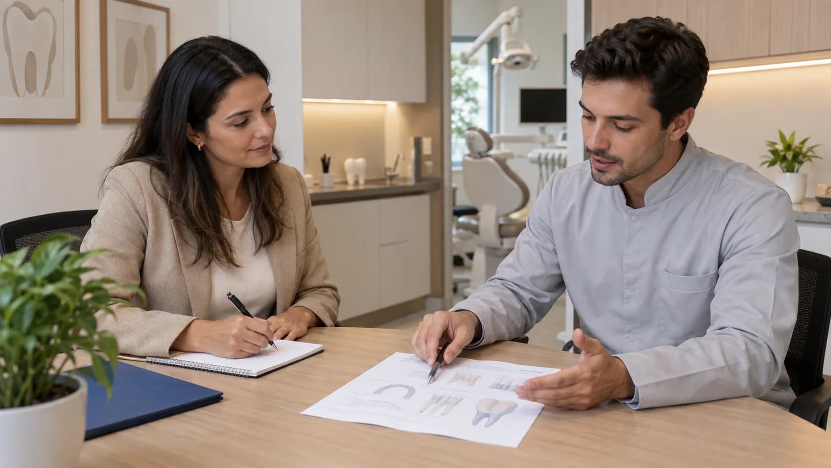 Gestora observa um dentista explicar um plano clínico durante uma seleção em consultório vazio.