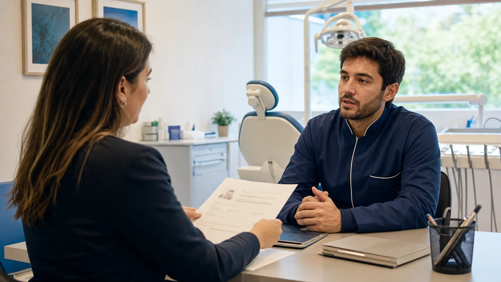 Gestora de clínica entrevista dentista candidato em um consultório odontológico.