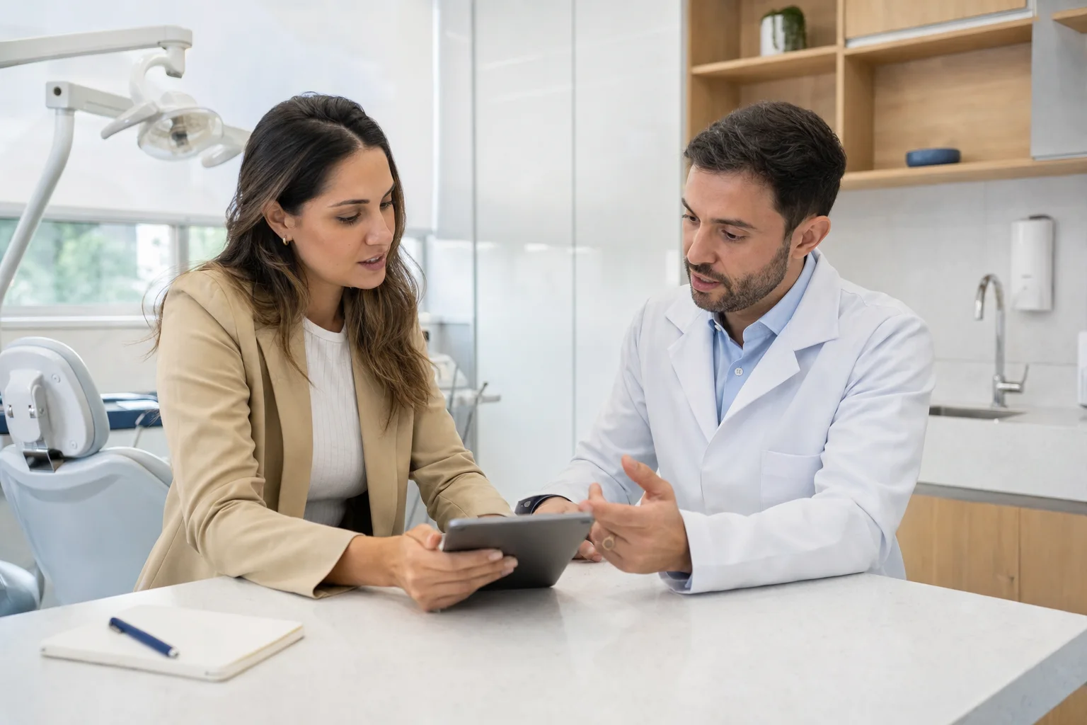 Gestora de clínica e dentista conversam diante de um tablet em um consultório odontológico.