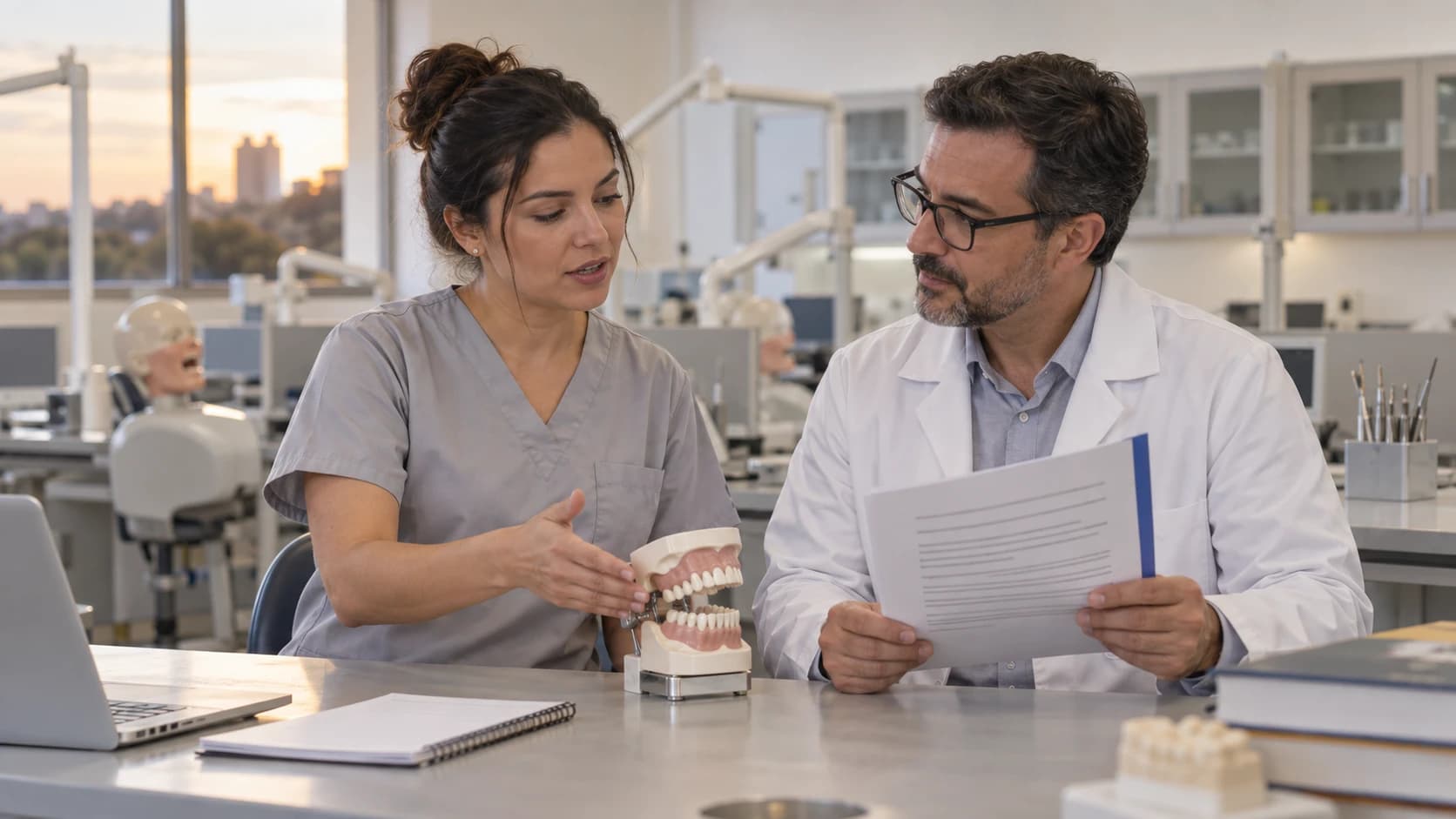 Dentista explica um modelo odontológico enquanto um professor analisa o plano da aula em um laboratório de ensino.